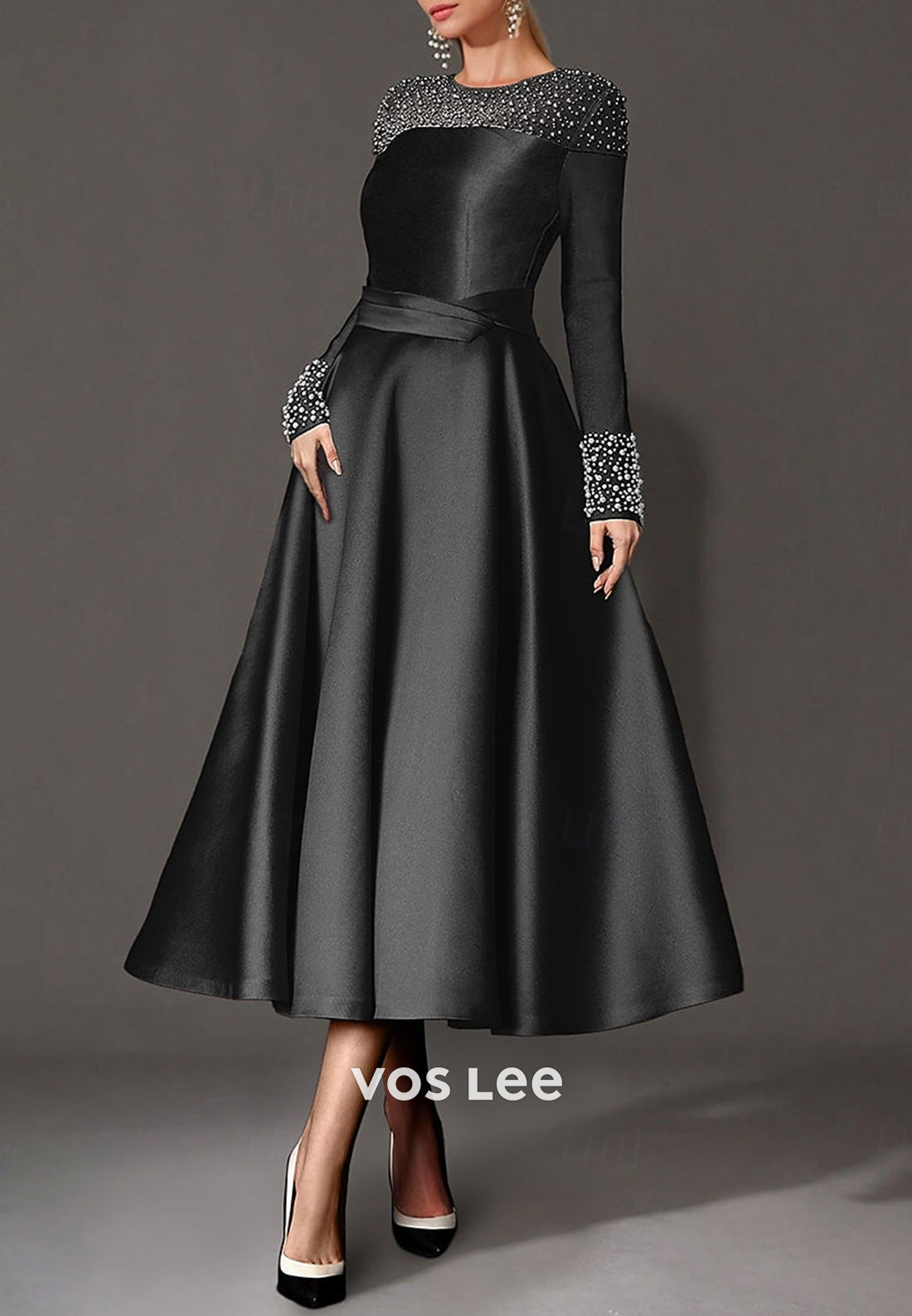 Long Sleeve A-Line Beaded Scoop Tea-Length Pleated Evening Dresses