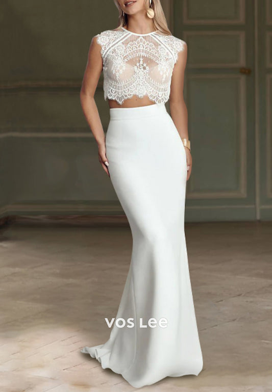 Two Pieces Illusion Neck Appliques Lace Floor-Length Sleek Mermaid Wedding Dresses