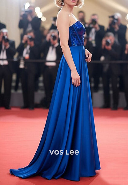 Royal Blue Satin Strapless Ball Gown with Beaded Sweetheart Neckline