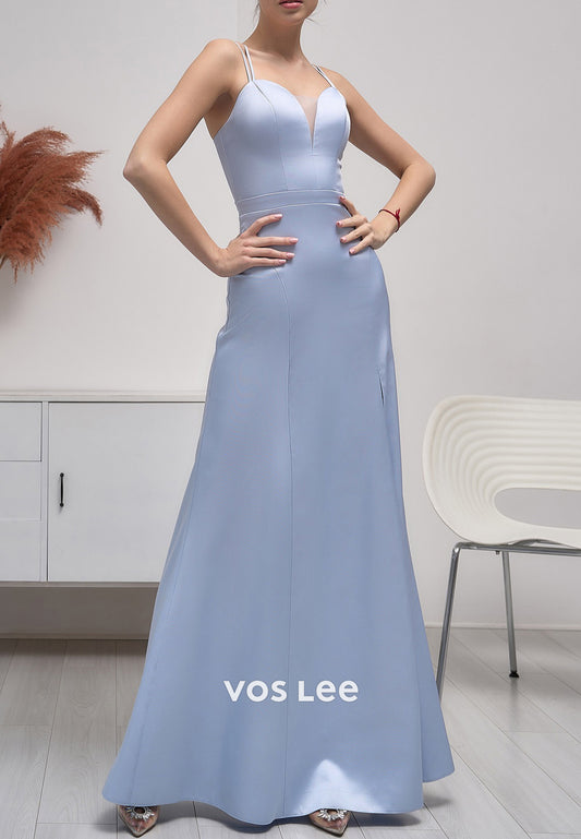 Classic Spaghetti Straps Sweetheart Satin Sheath Prom Dresses with High Split
