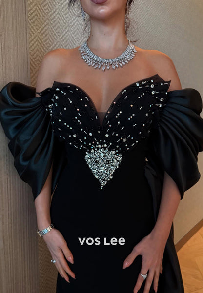 Short Sleeve V Neck Rhinestone Split Pleated Evening Dresses with Court Train