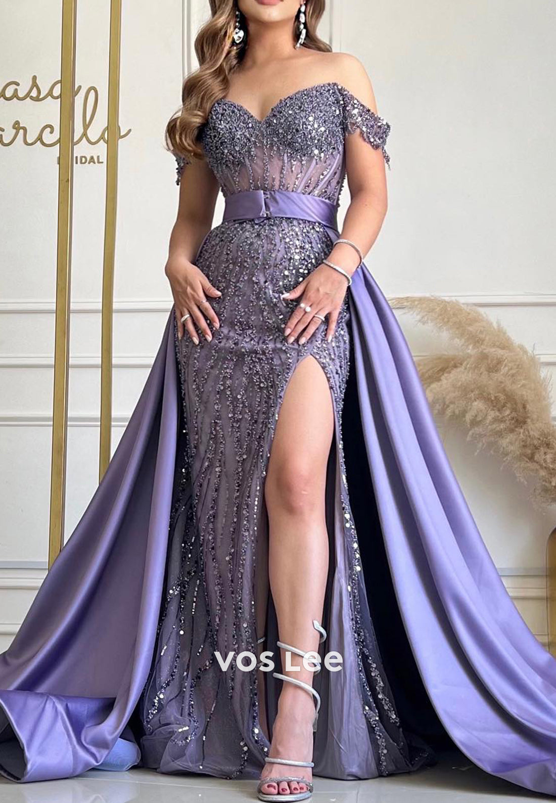 Classic Off-Shoulder Sweetheart Mermaid Evening Dresses with High Split with Court Train