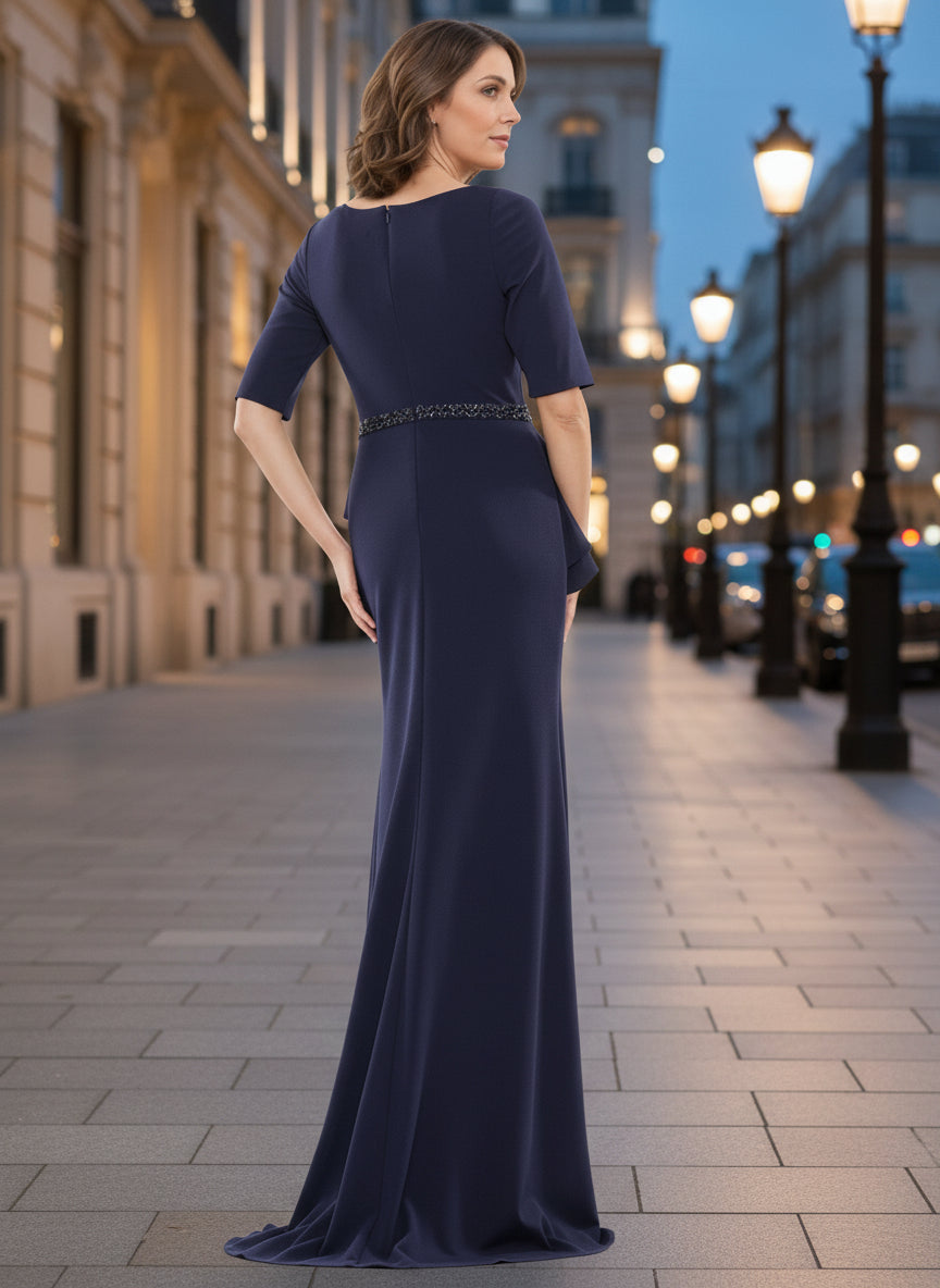 Square Neck Navy Blue Half Sleeves Mother Of The Bride Dress