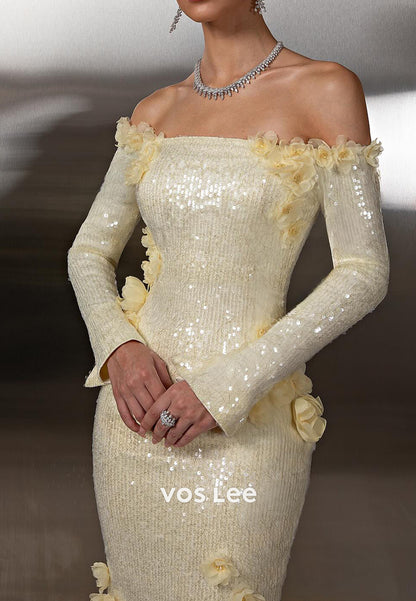 Fully Sequined Long Sleeve Floral Appliqued Off the Shoulder Prom Dresses