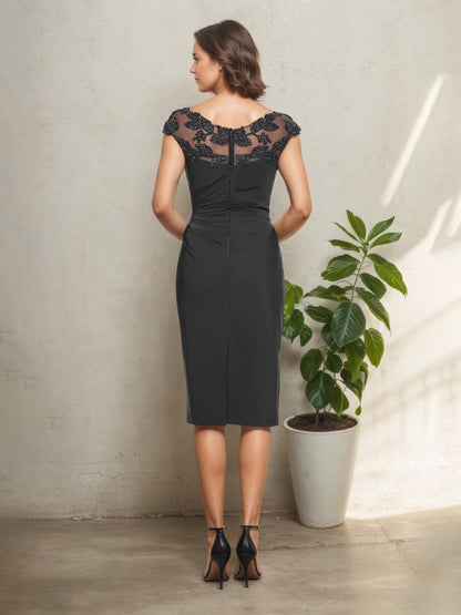 Metal Black Cap Sleeves Knee Length Mother Of The Bride Dress with Illusion Lace V-Neck