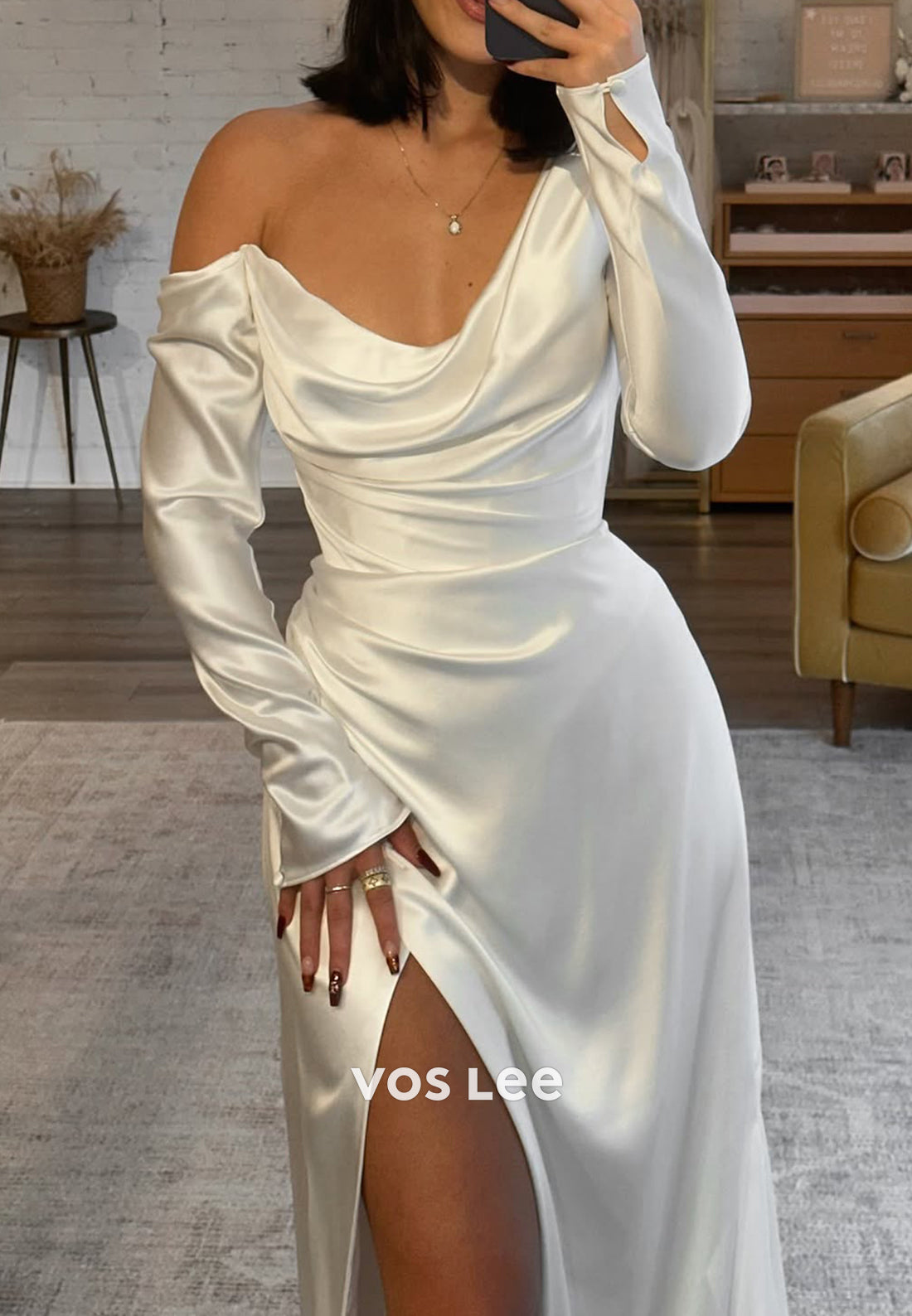 Long Sleeve One Shoulder Satin Pleated Wedding Dresses with High Split