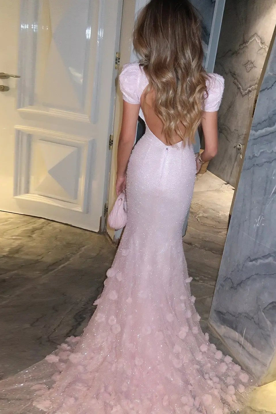 Luxury Pink Gradient Sequin Mermaid Train Evening Dress
