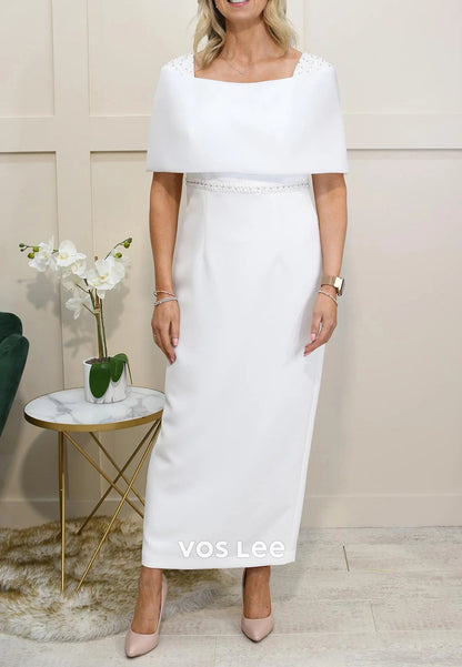 Classic Off the Shoulder Rhinestone Bowknot Sheath Tea-Length Mother of Bride Dresses