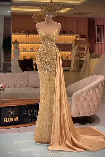 Gorgeous Gold Sweetheart Sleeveless Mermaid Evening Dress Ruffles With Rhinestone Beading