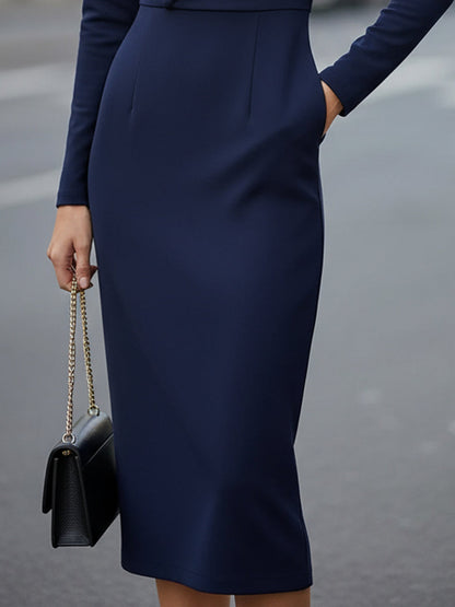 Elegant Navy Asymmetric Ruched Midi Dress