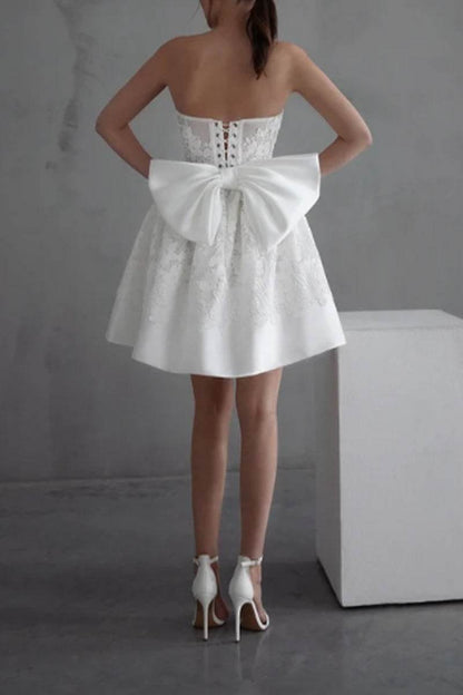 Strapless Lace Applique Short Wedding Dress with Oversized Bow Back