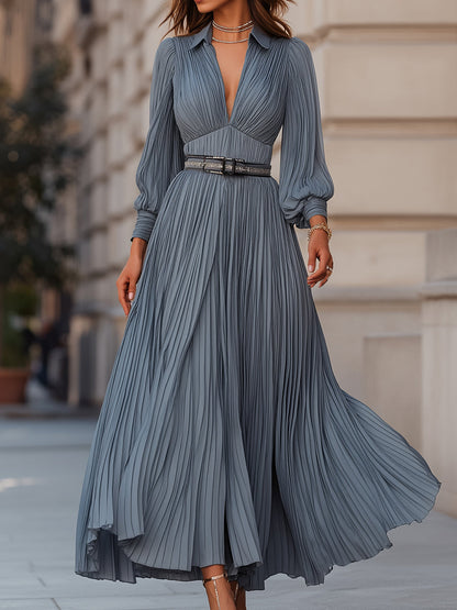 VOS LEE Steel Blue Pleated Midi Dress