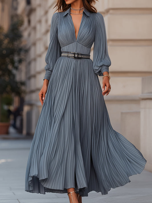 VOS LEE Steel Blue Pleated Midi Dress