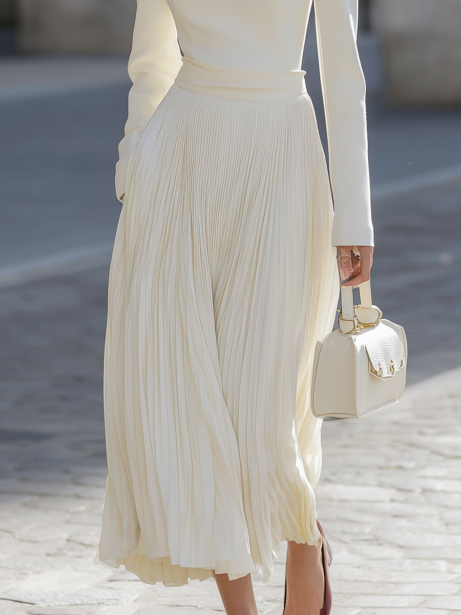 Ivory Long-Sleeve Dress With Pleated Midi Skirt