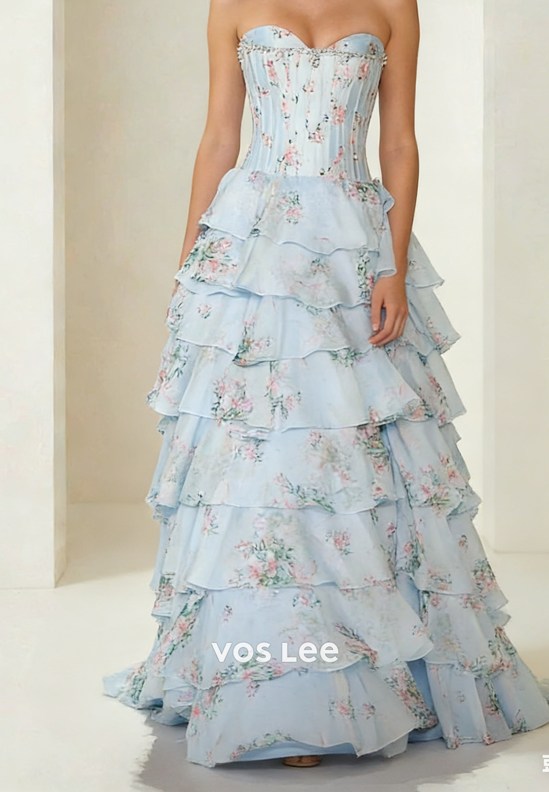 Sweetheart A Line Strapless Jacquard Long Tiered Prom Dresses With Bead Pearls