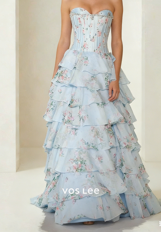 Sweetheart A Line Strapless Jacquard Long Tiered Prom Dresses With Bead Pearls