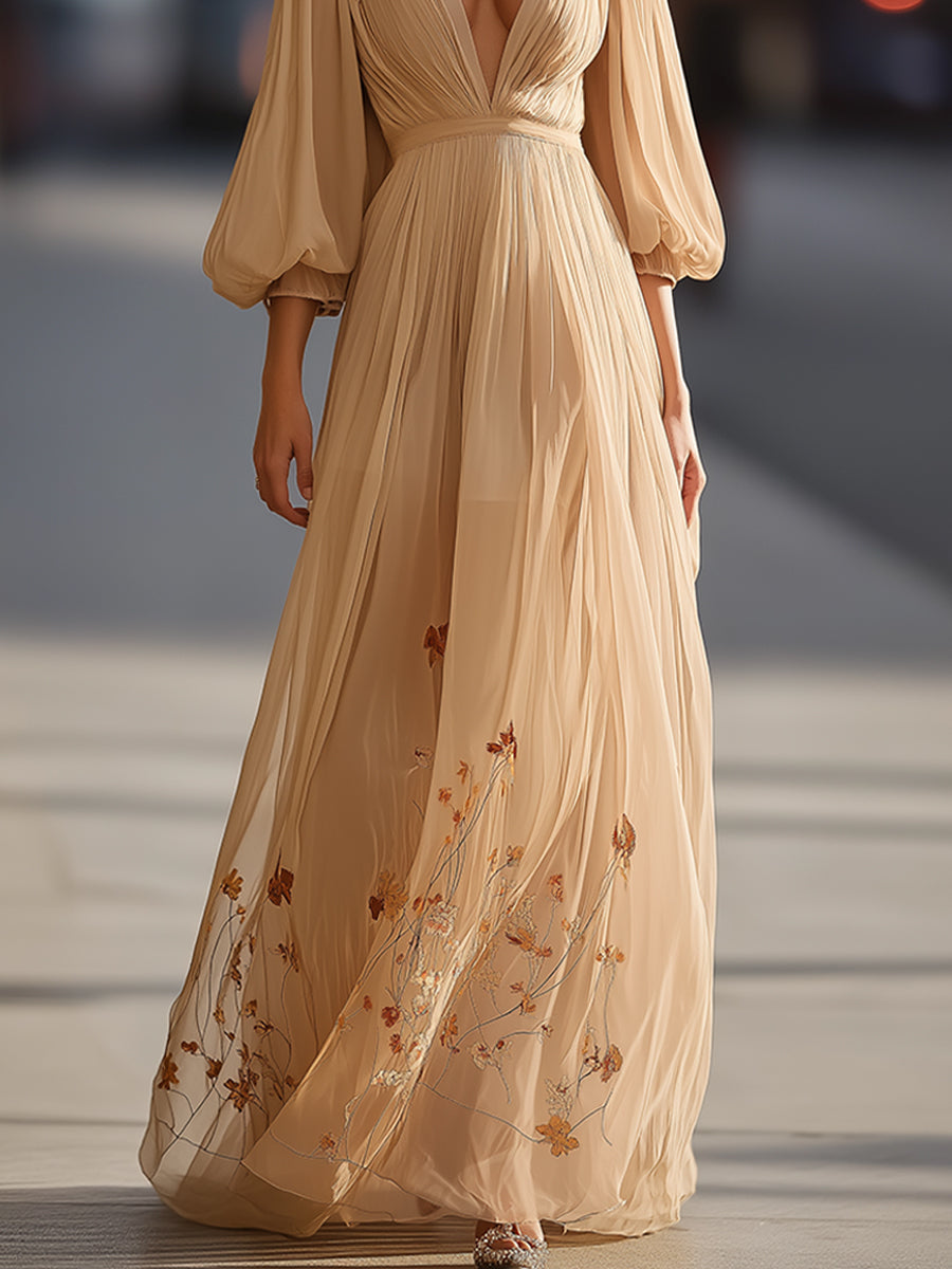 Embroidered Chiffon Maxi Dress With Plunging Neckline