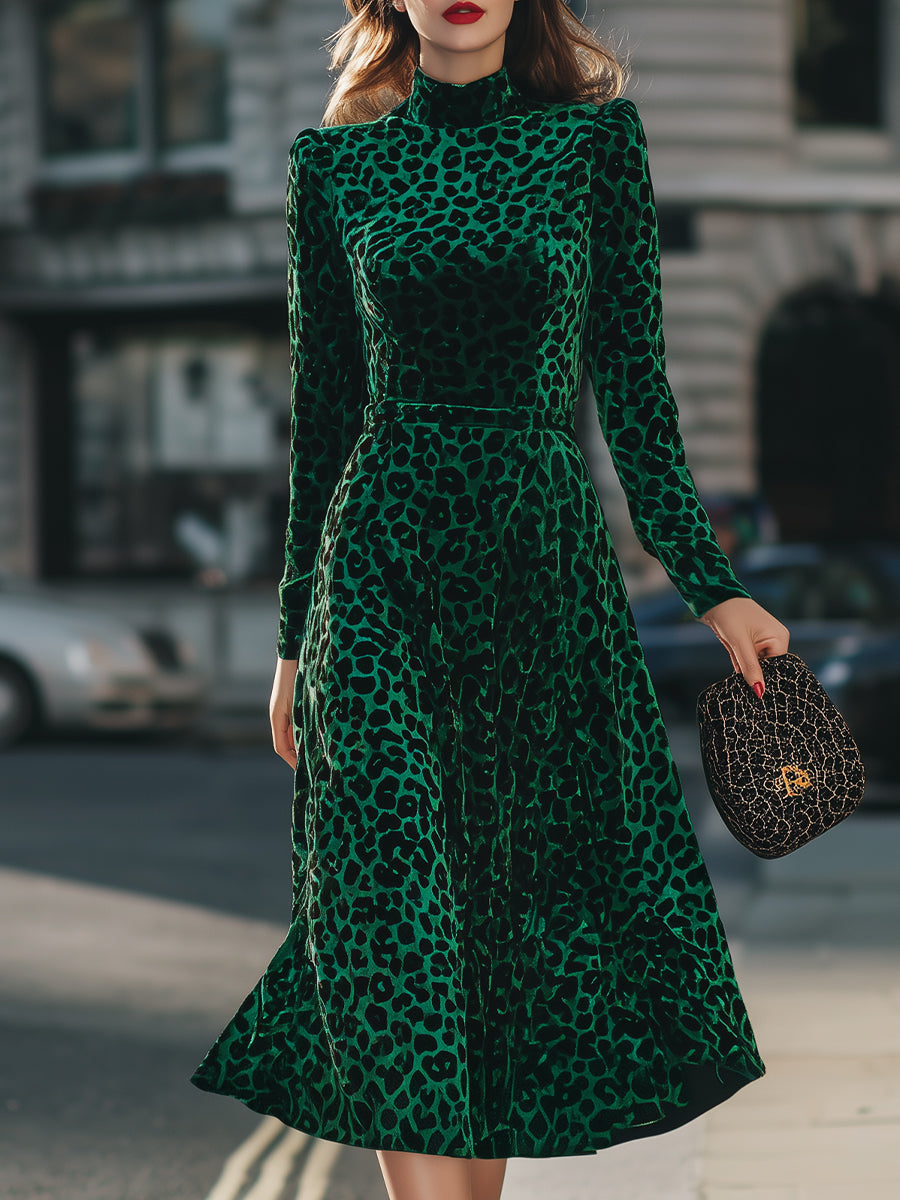 Emerald Green Velvet Midi Dress With Leopard Print & High Neck