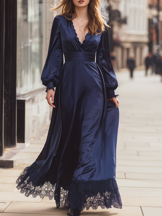 Midnight Navy Satin Maxi Dress With Lace Trim