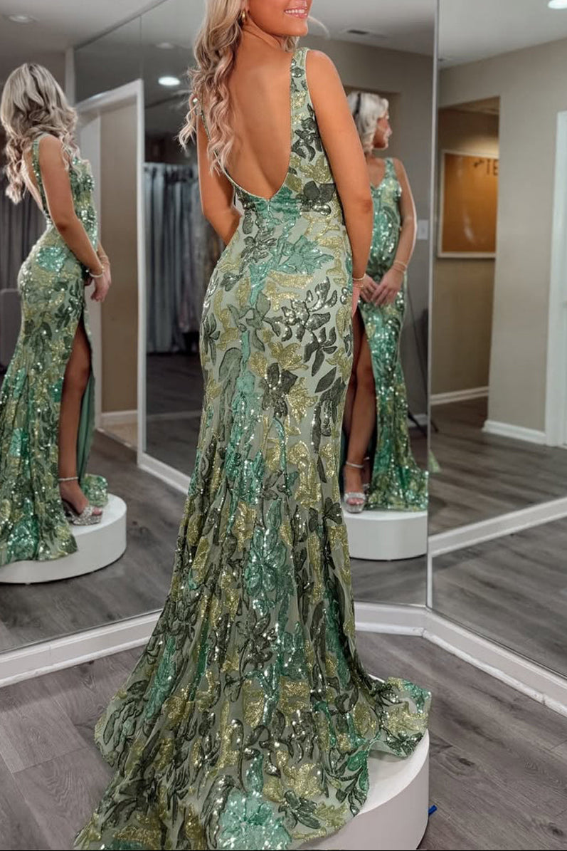 Sparkly Mermaid V Neck Sage Green Sequin Lace Long Prom Dress with Slit