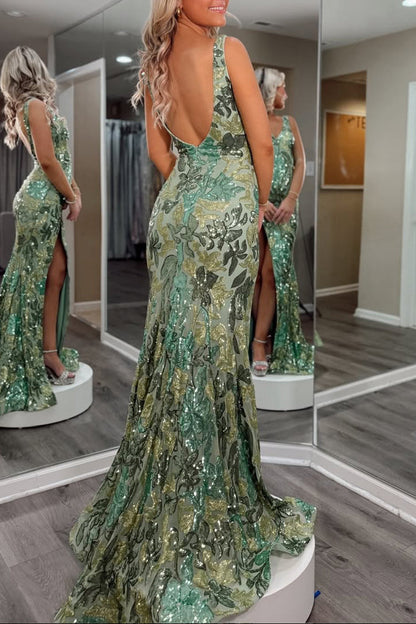Sparkly Mermaid V Neck Sage Green Sequin Lace Long Prom Dress with Slit