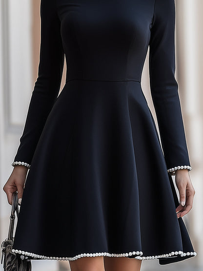 Elegant Black A-Line Dress With Pearl Trim