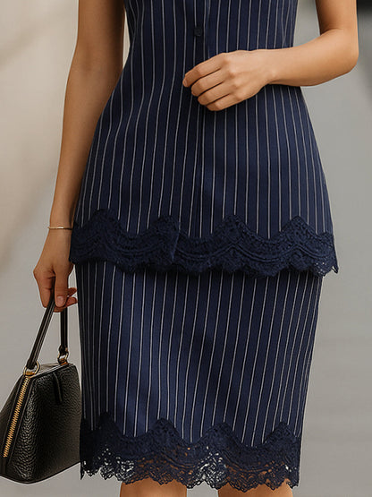 Stylish Pinstripe Lace Trim Sleeveless Dress
