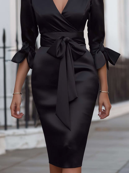 Satin Tie-Waist Midi Dress With Bow Cuff Sleeves