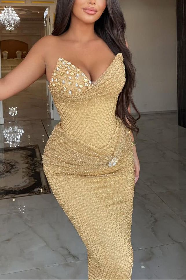 Gold Sweetheart Mermaid Evening Dresses Beadings Long With Crystals