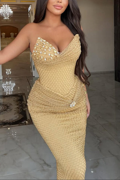 Gold Sweetheart Mermaid Evening Dresses Beadings Long With Crystals