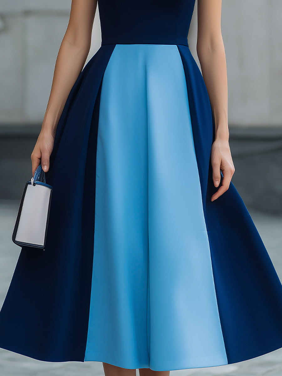 Navy & Light Blue Colorblock Sleeveless High Neck Fit-and-Flare