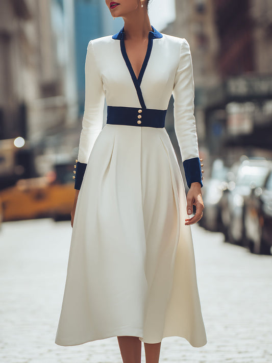 Ivory And Navy Contrast Trim Midi Dress
