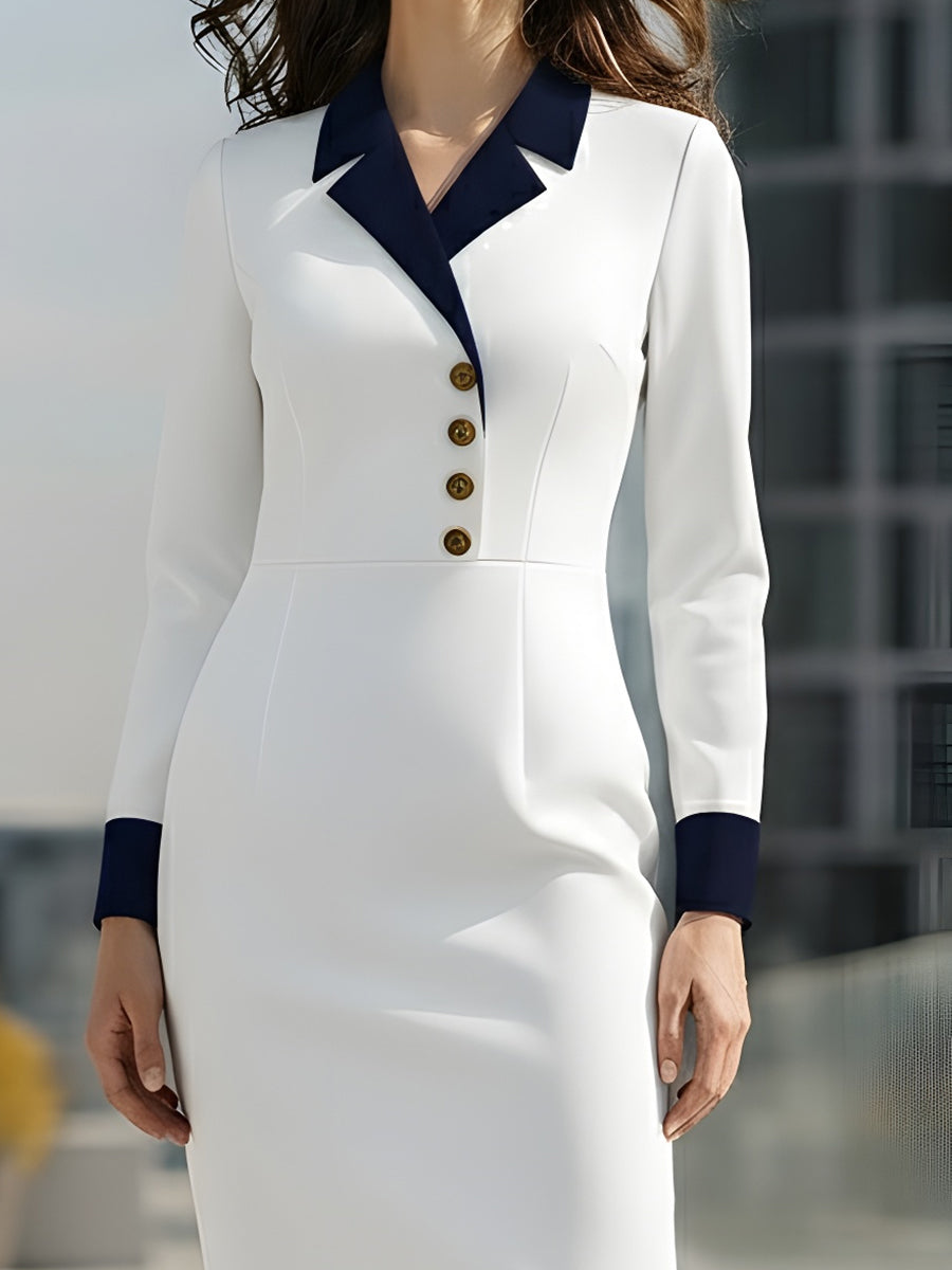 White Contrast-Collar Midi Dress With Gold Buttons