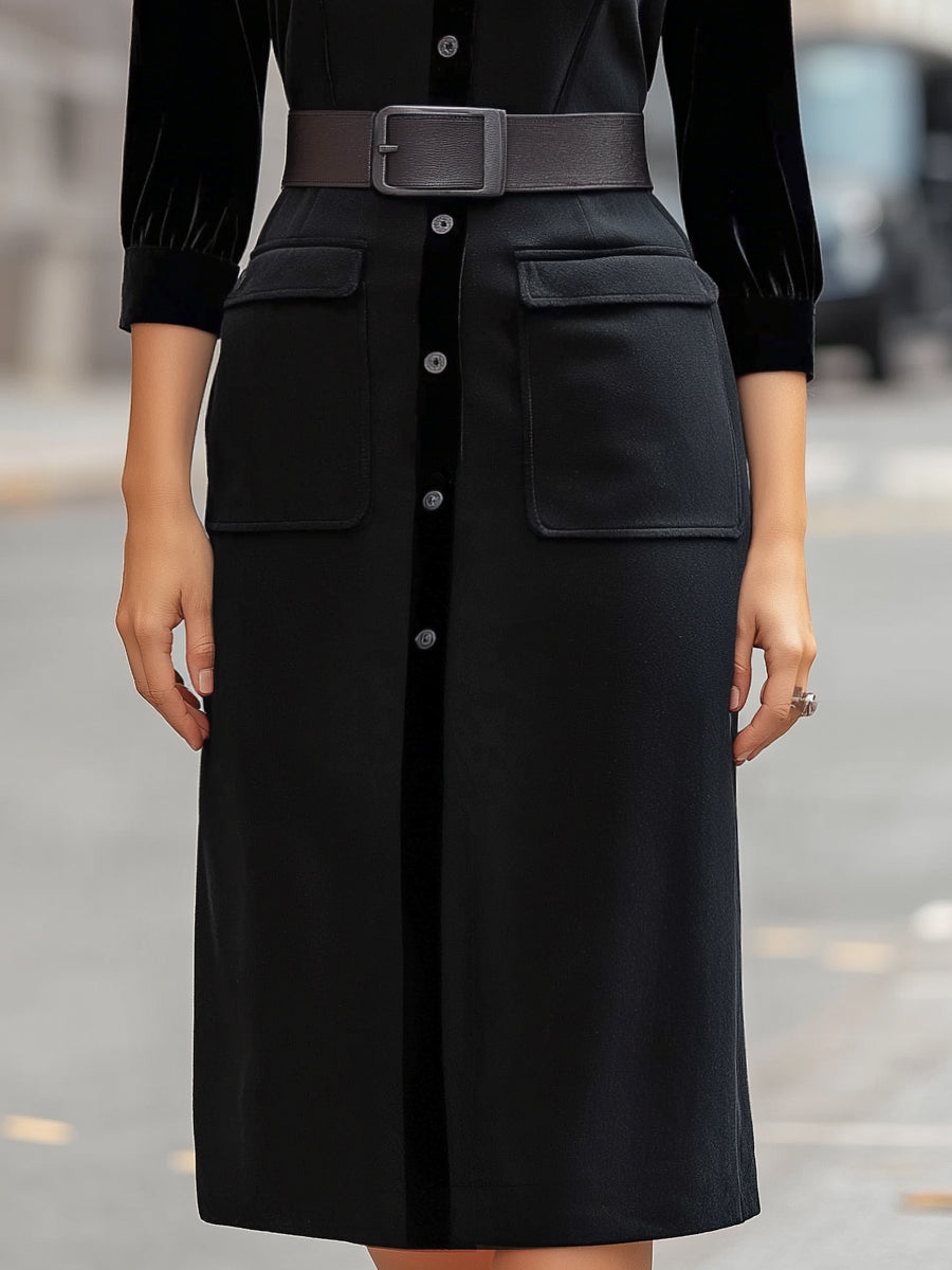 Button Down Velvet-Trimmed Belted Midi Dress