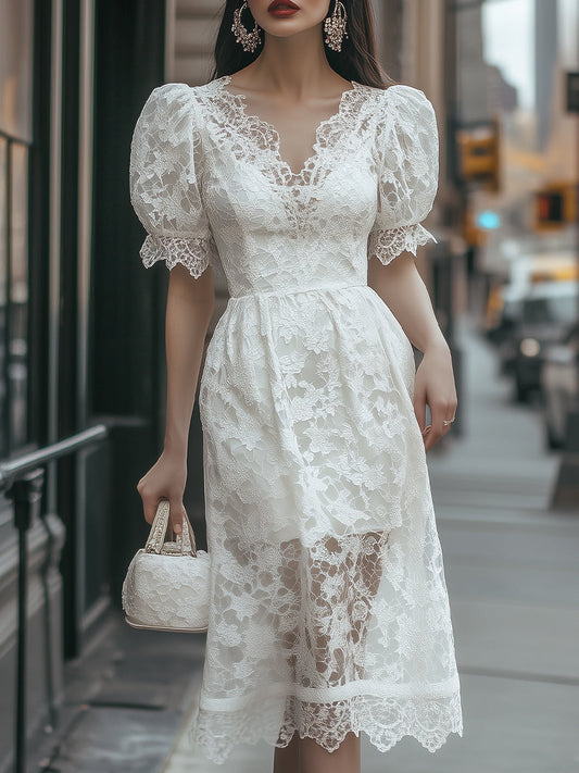 Elegant Puff Sleeve White Lace Midi Dress