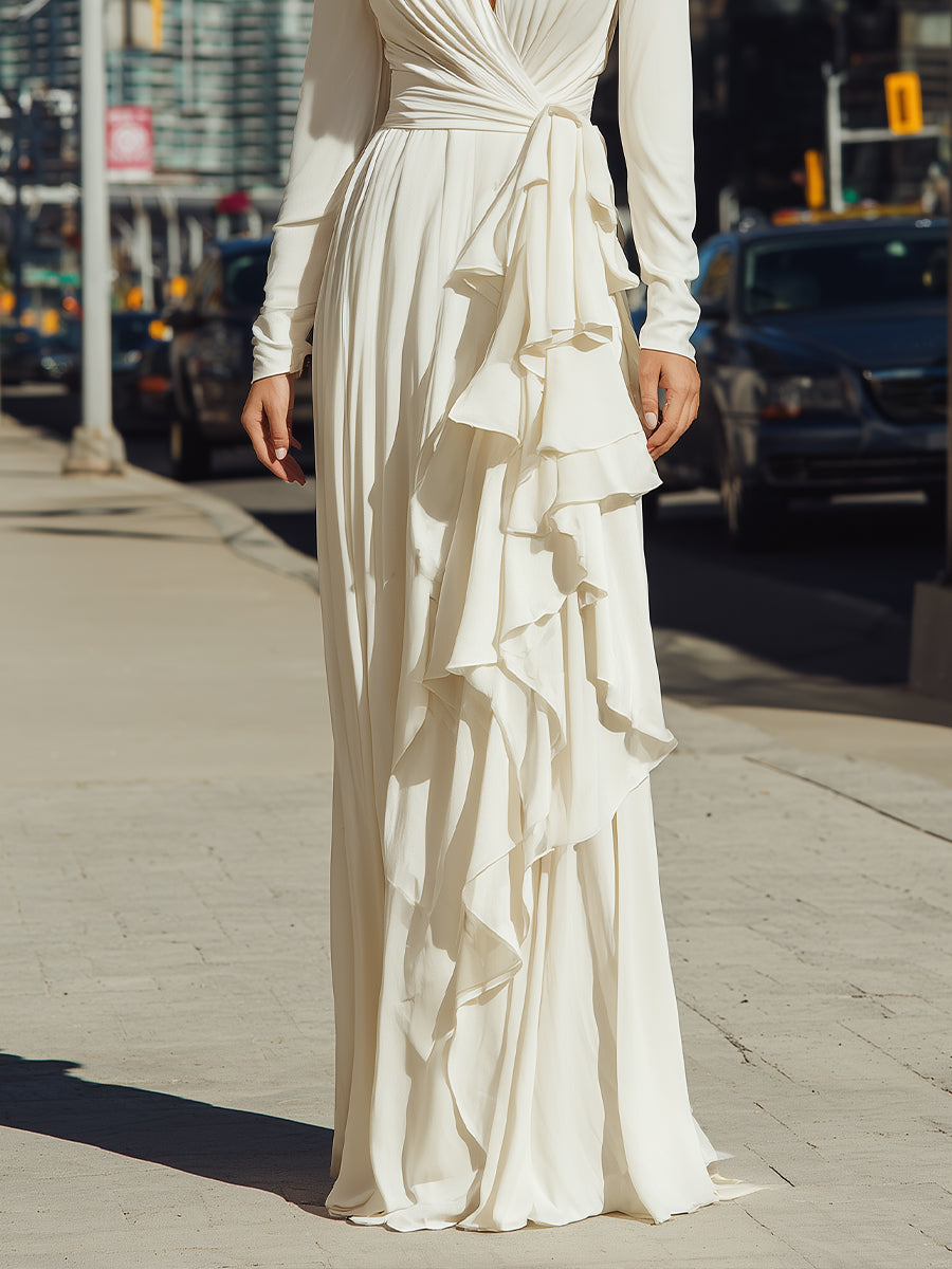 Ivory Draped Maxi Dress With Cascading Ruffles