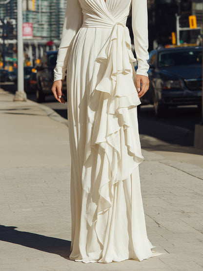 Ivory Draped Maxi Dress With Cascading Ruffles