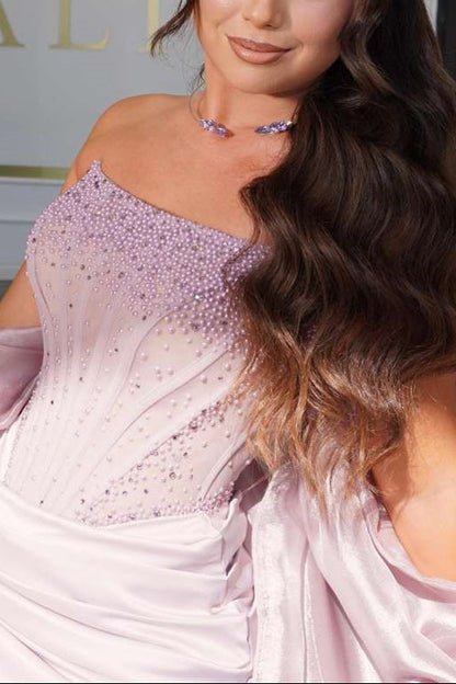 Strapless Mermaid Long Evening Dress With Pearls Pleats Ruffles