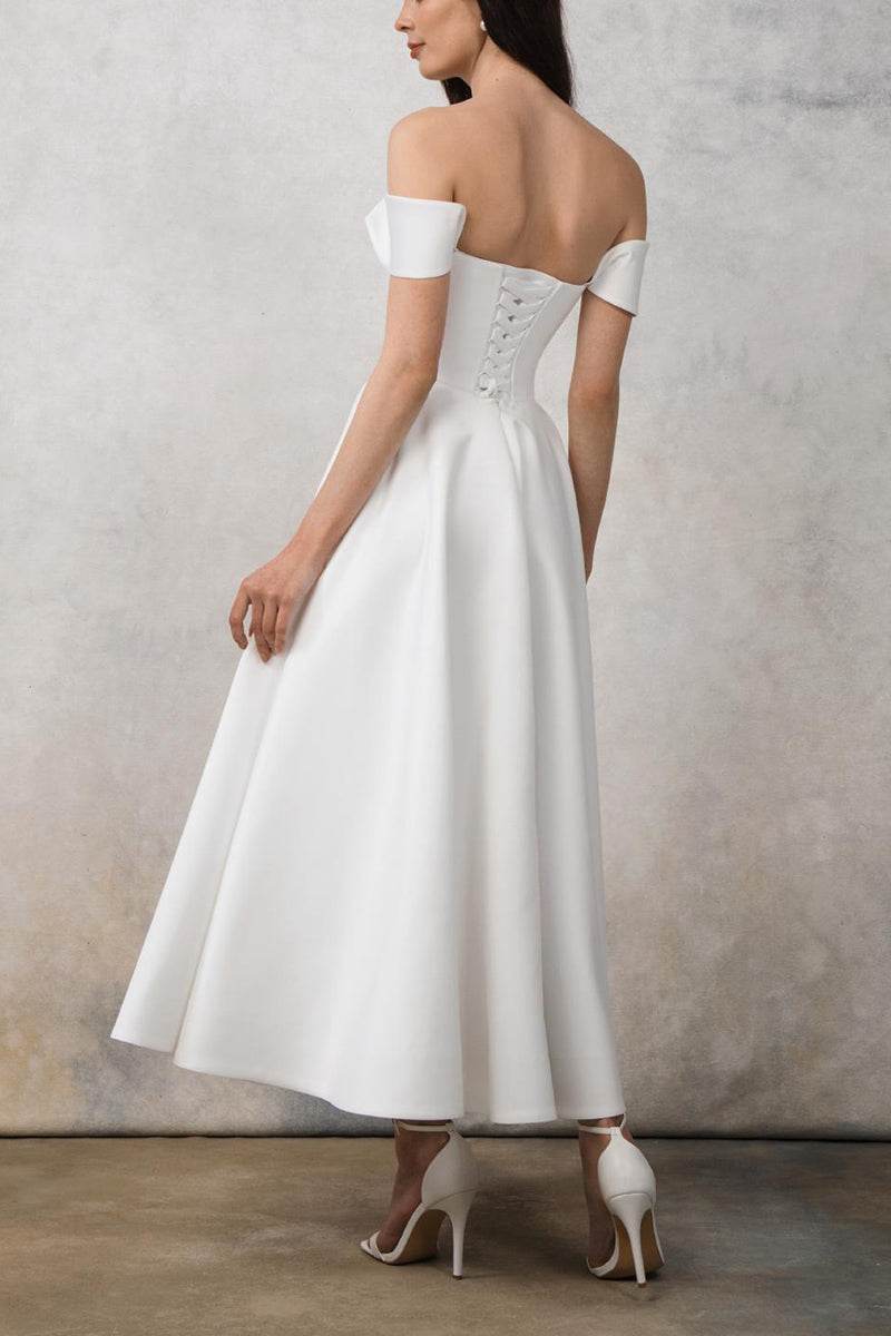 A-Line Off the Shoulder Tea Length Satin Little White Dress