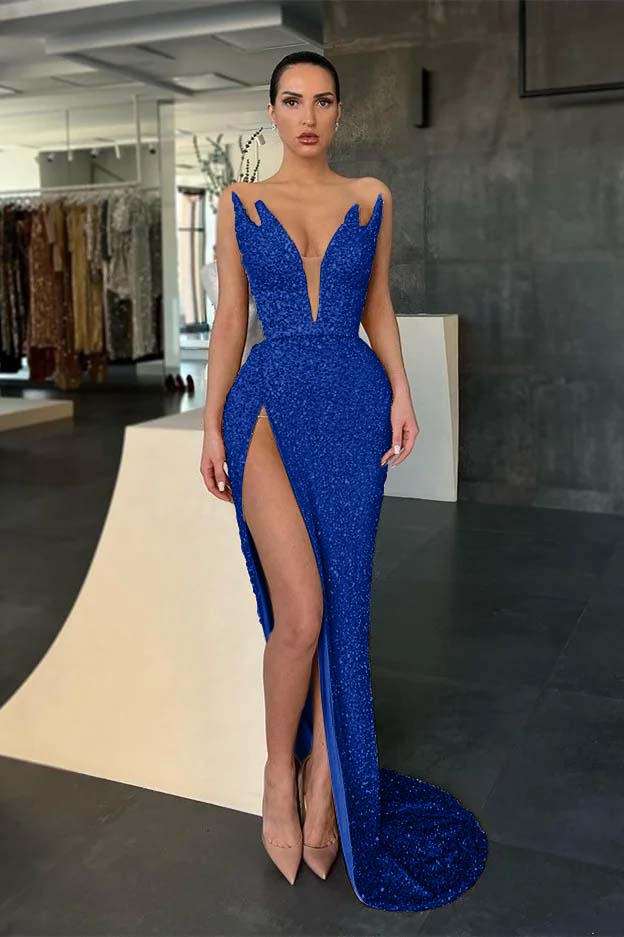 Sleeveless Strapless Evening Dress Sequins Mermaid With Split