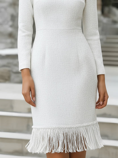 Fringe-Hem Long Sleeve Tweed Dress