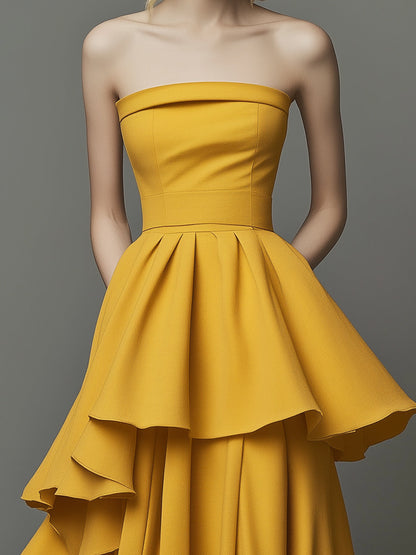 Golden Tiered Grace: Strapless Ruffle Gown