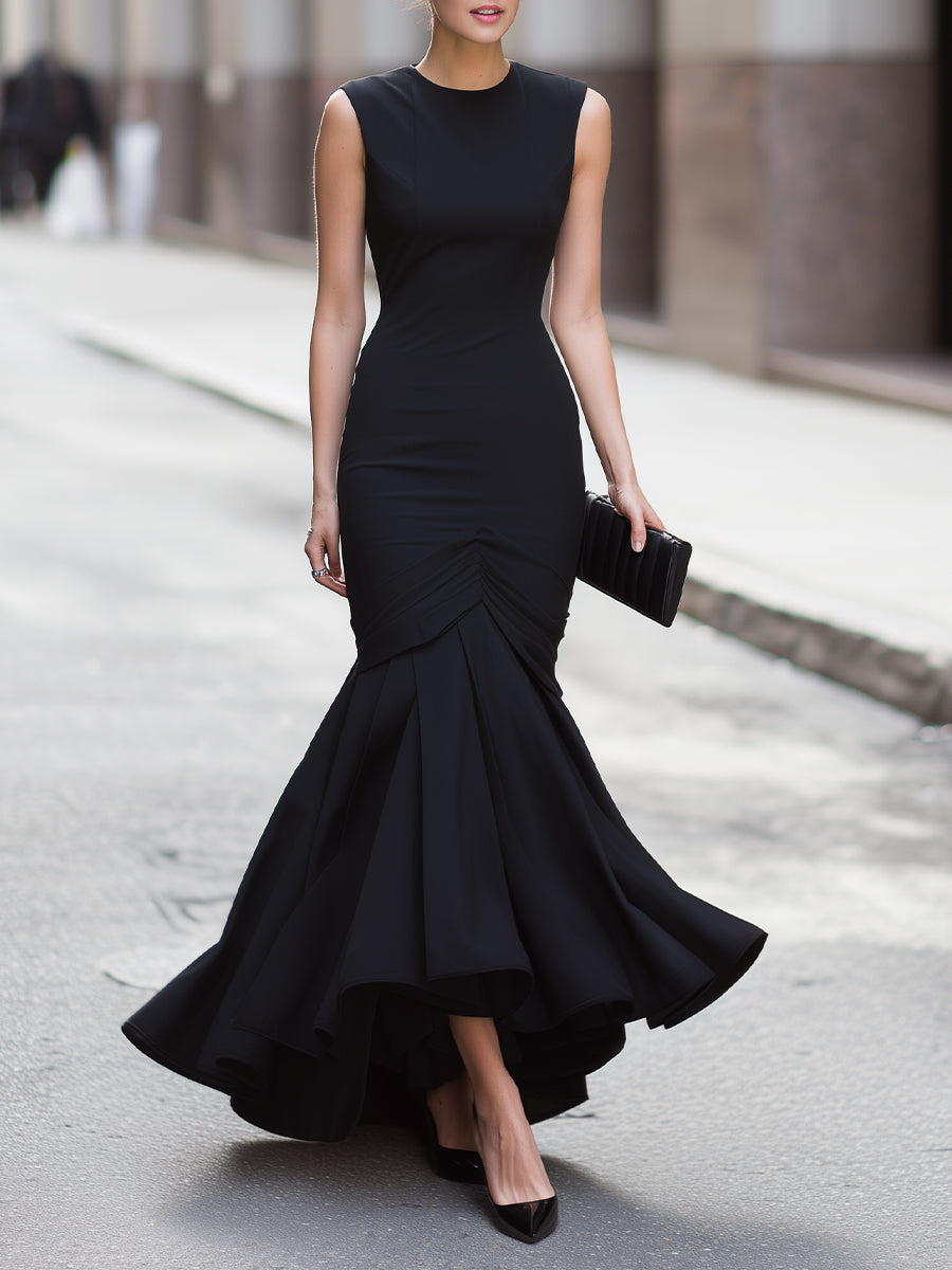 Elegant Sleeveless Ruched Mermaid Hem Long Dress