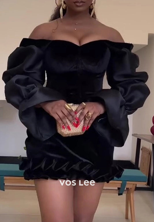 A-Line Long Sleeve Off the Shoulder Pleated Homecoming Dresses