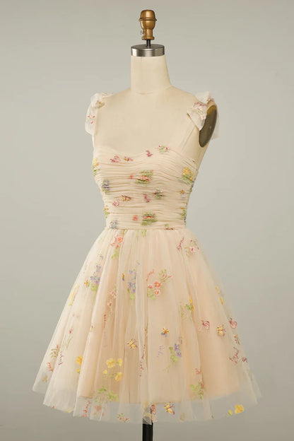 A Line Spaghetti Straps Champagne Short Homecoming Dress with Embroidery