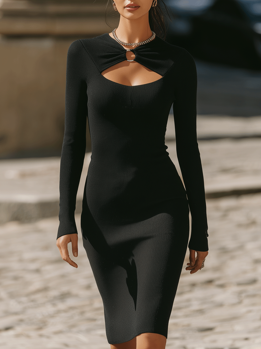 Black Utout Long-Sleeve Bodycon Dress