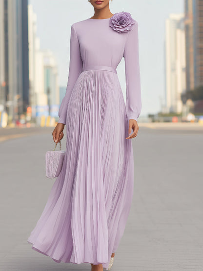 Lavender Long Sleeve Pleated Maxi Dress With 3D Floral Accent