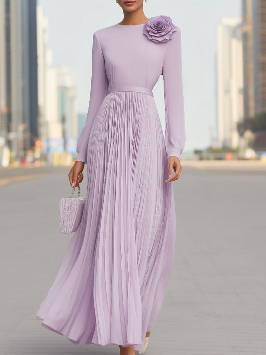 Lavender Long Sleeve Pleated Maxi Dress With 3D Floral Accent