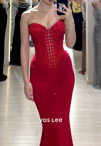 Strapless Sweetheart Appliques Lace Mermaid Evening Dresses with Sweep Train
