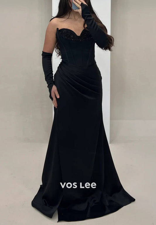 Strapless Sweetheart Rhinestone Pleated Mermaid Evening Dresses with Sweep Train